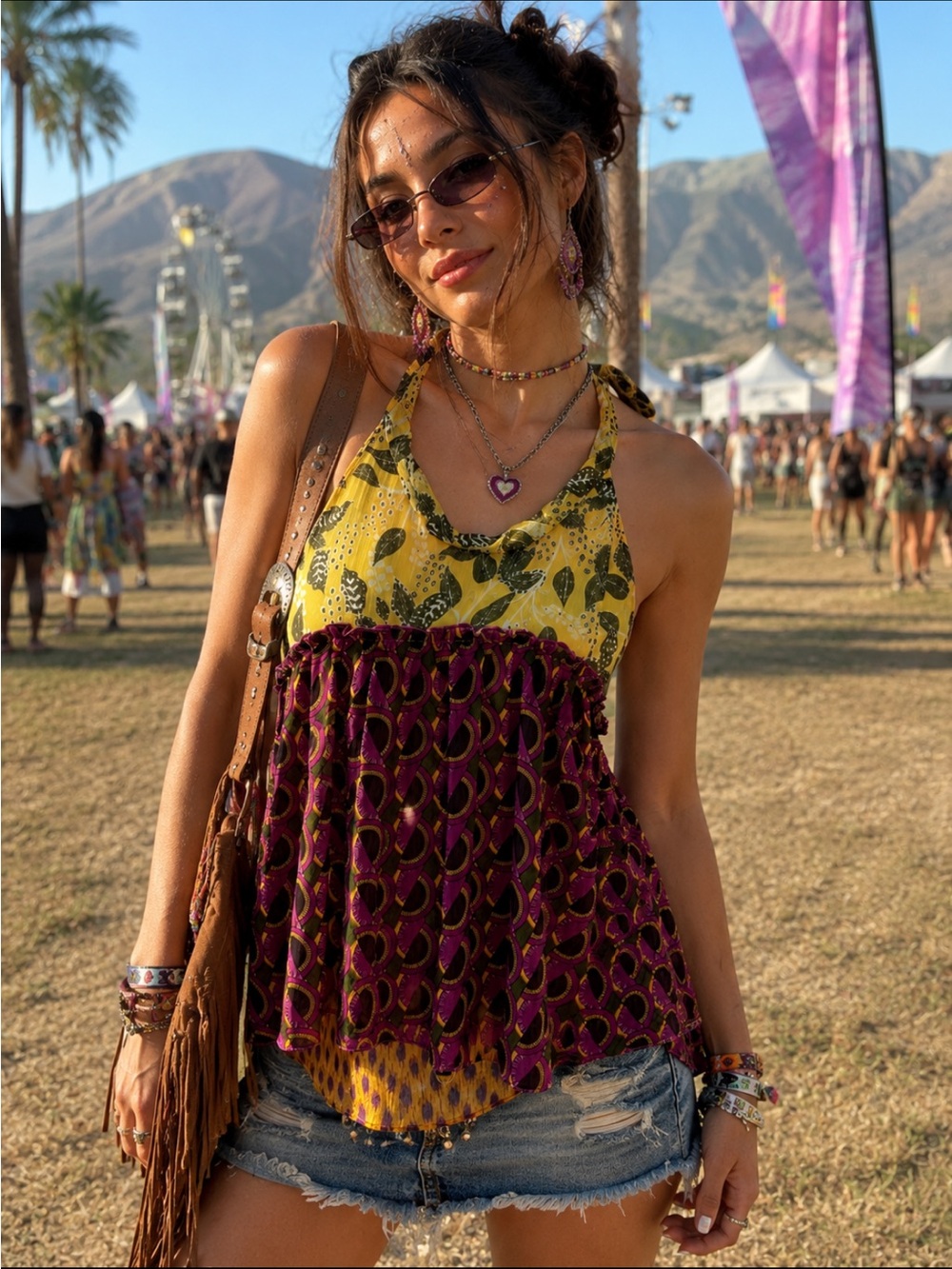 Zara | Women's High Neck Chiffon Printed Blouse Size Large Boho Festival Y2K
